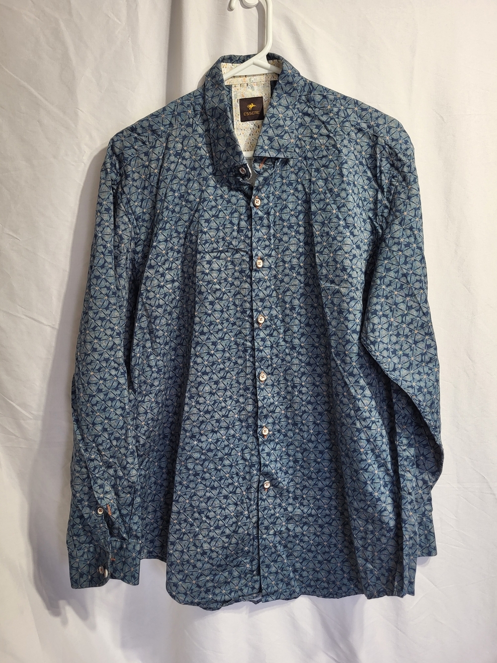 Men's Blue Geometric Button-Down Shirt, Size Large